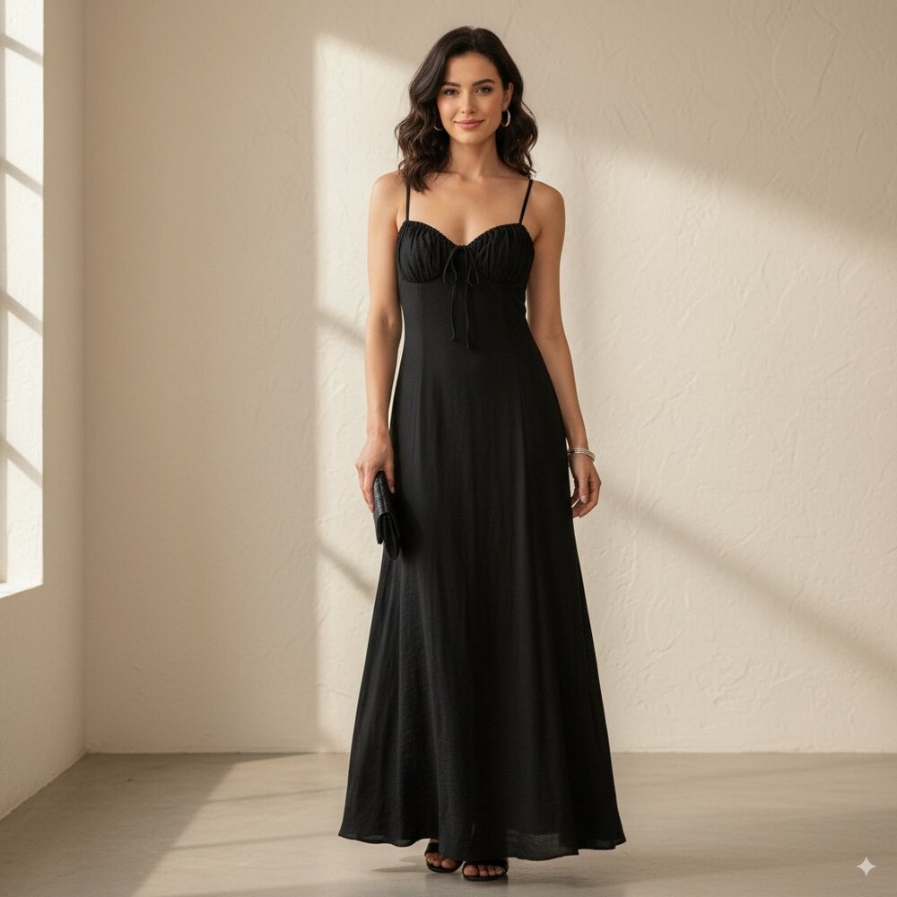 NWT Rumer Anissa Ruched Maxi Dress in Black